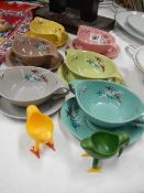 Six retro soup bowls and 2 chicken egg cups.