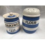 A T G Green Cornish ware flour shaker (green shield mark) & a Price Bros baking powder storage jar