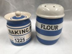 A T G Green Cornish ware flour shaker (green shield mark) & a Price Bros baking powder storage jar