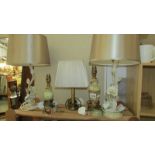2 onyx table lamps, 2 metal floral table lamps and one other.