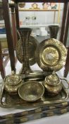 A mixed lot of Indian brass ware including tray, vases, bowls etc.