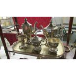 A five piece silver plate tea service on gallery tray, maker G S C.