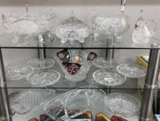 3 shelves of moulded & cut glass bowls & dishes including Anna Hutte