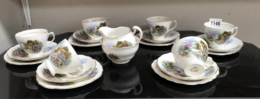 A Royal Vale thatched cottage decorated tea set