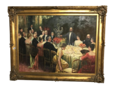 A superb gilt framed oil on canvas depicting a Russian dinner party,