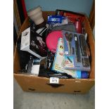A box of assorted gadgets including radio, binoculars, camera etc.