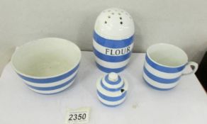 4 items of T G Green Cornish ware - flour sifter, sugar bowl, cup and mustard pot.