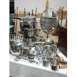 A mixed lot including stainless steel pans, jugs etc.