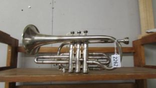 A silver plated Weltklang cornet, in need of attention to valves.