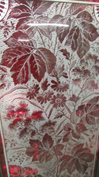 A pair of good quality large cabinet doors overlaid with ruby glass, cut and engraved to reverse. - Image 4 of 5