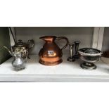 A Victorian copper half gallon jug 7 quantity of silver plate,