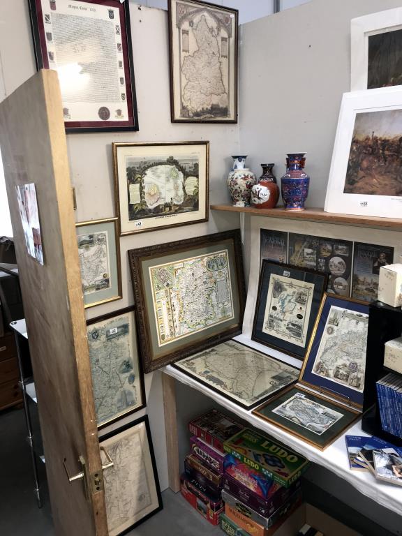 11 framed prints of old maps, some glazed, various sizes and locations, including Yorkshire, Glos,