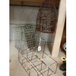 Three vintage wire work items including bird feeder.