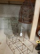 Three vintage wire work items including bird feeder.