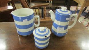 A T Green Cornish ware coffee pot, preserve pot and jug.