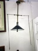 A Victorian brass ceiling gas light with on/off tags on chains