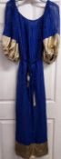 A Roland Klein royal blue and gold full length evening gown with interesting metallic cuffs and