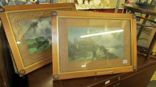 A pair of oak framed and glazed rural watercolours, signed but indistinct.