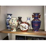 5 Chinese/Japanese vases and a ginger jar which is missing it's lid, tallest vase 25cm,