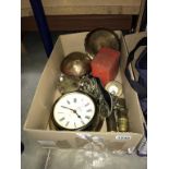Mixed brassware including wall clock, small Primus no 96 camping stove in tin,
