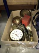 Mixed brassware including wall clock, small Primus no 96 camping stove in tin,