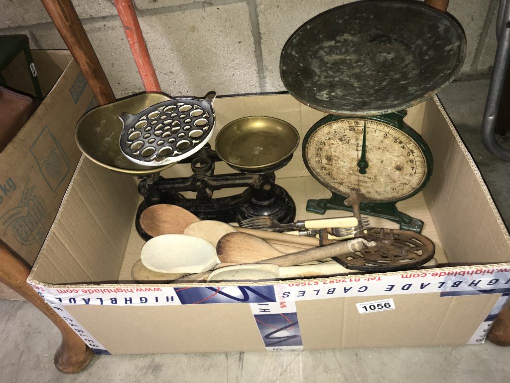 A selection of kitchen ware including scales & utensils etc.