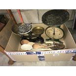 A selection of kitchen ware including scales & utensils etc.