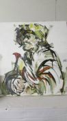 An unframed oil on canvas study of a man with a bird, signed but indistinct.