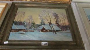 An oil on board Polish winter scene, details verso, see images.