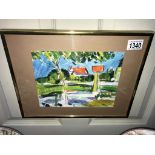 A framed & glazed Scottish colourist school gouache on card sketch village scene, title Royan,