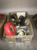 A large box of miscellaneous old clock parts