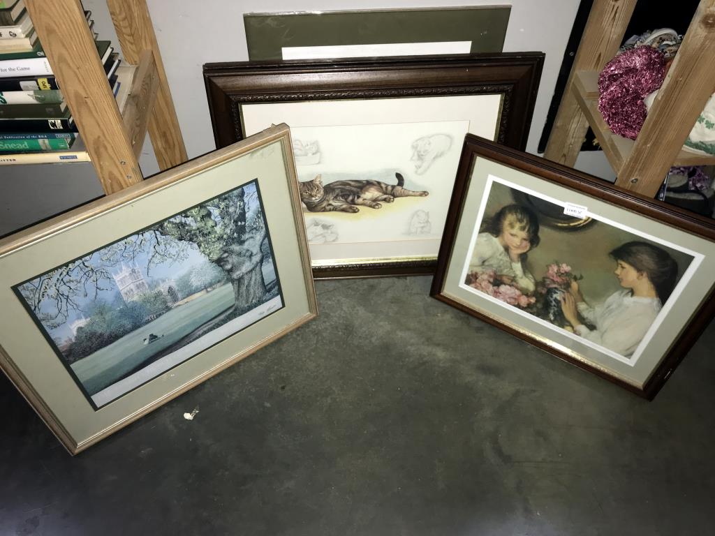 4 framed & glazed prints including cat & 1 other