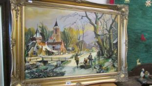 A gilt framed oil on canvas winter scene signed G E Massey 4 - 1993.