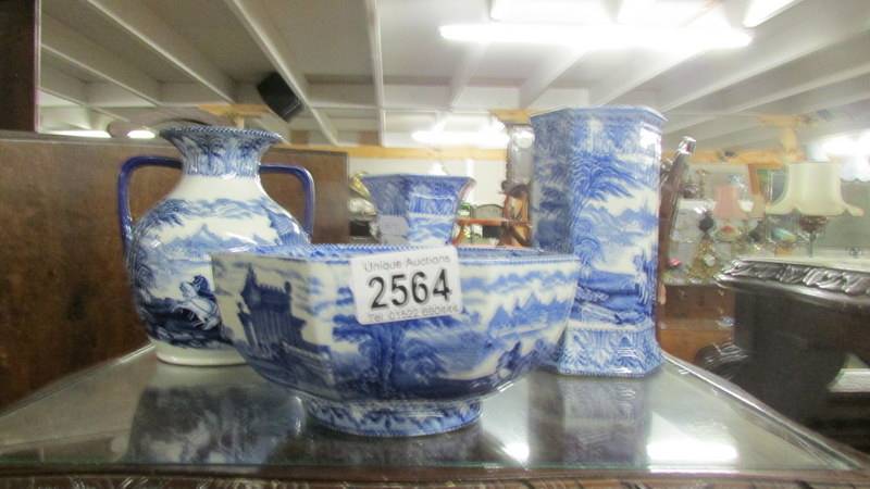 Three Cauldon blue and white vases and bowl.