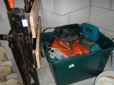 A box of assorted power tools, sold as seen.