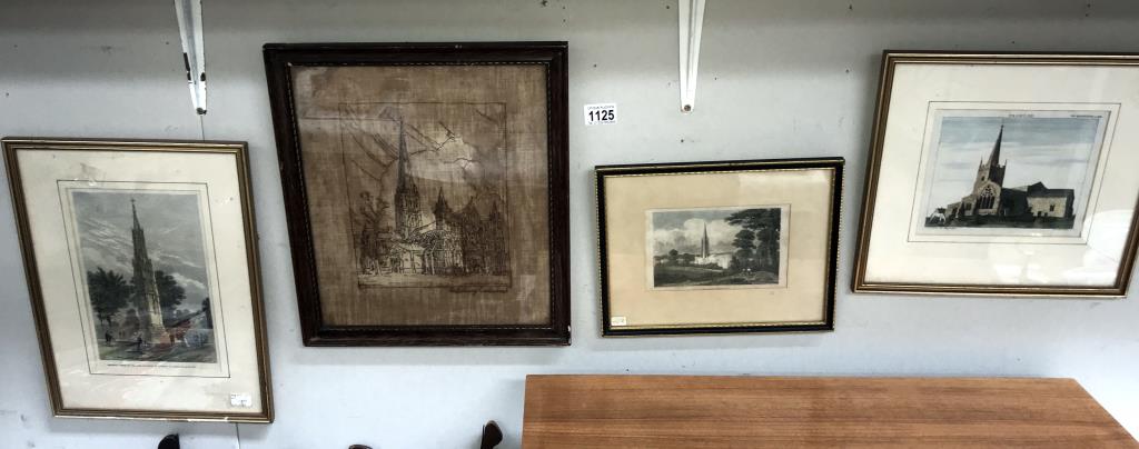 19/20c silk picture of Salisbury Cathedral & 3 engravings, Grantham Church, Frisby F.