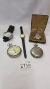 Two pocket watches, a nurses watch and two wrist watches.
