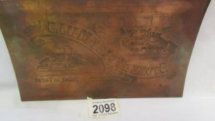 A copper printing plate for Stoke & Foley Mills Ltd., Stoke on Trent.