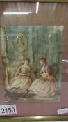 A framed and glazed watercolour of two ladies reading.