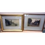 2 watercolours of thatched cottages, 1 near water, signed F Meginn,