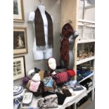 A good lot of scarves including head scarves, some new items and 2 torso wall art figures.