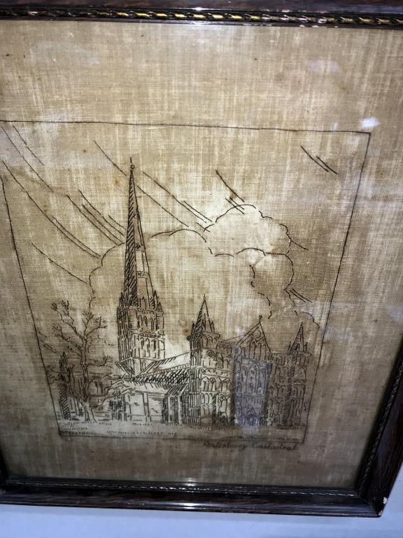 19/20c silk picture of Salisbury Cathedral & 3 engravings, Grantham Church, Frisby F. - Image 4 of 5