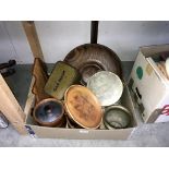 A quantity of wooden items etc. including vintage gas mask tin & tambourine etc.