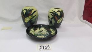 Two Moorcroft 4" lamia vases and and a lamia pin dish.