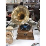 A horn Gramaphone with decorative brass horn