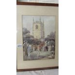 A framed and glazed watercolour church scene signed Pennington.