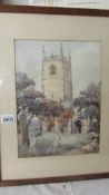 A framed and glazed watercolour church scene signed Pennington.