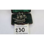 A boxed marcasite brooch of galleon form.