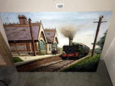 An oil on board, title Steam Train Company, Halt Vale of Evesham by D.