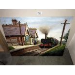 An oil on board, title Steam Train Company, Halt Vale of Evesham by D.